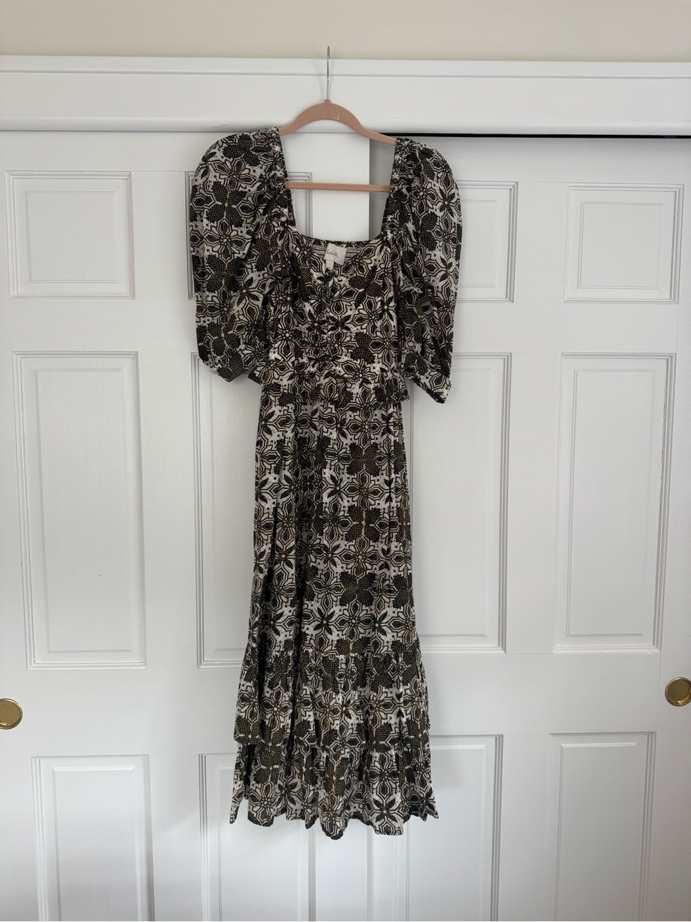 Cleobella Black & Cream Patterned Midi Dress with Puff Sleeves